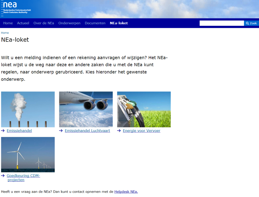 Overzicht pagina van het NEa loket op de website met links naar Emissiehandel, luchtvaart, energie voor vervoer, en goedkeuring CDM-projecten